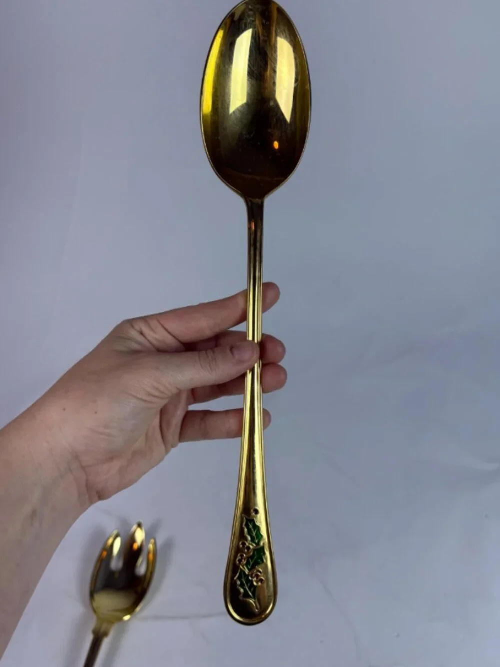 Vintage Gold Tone Salad Serving Set F.B. Rogers Italy Spoon Fork Holly Christmas